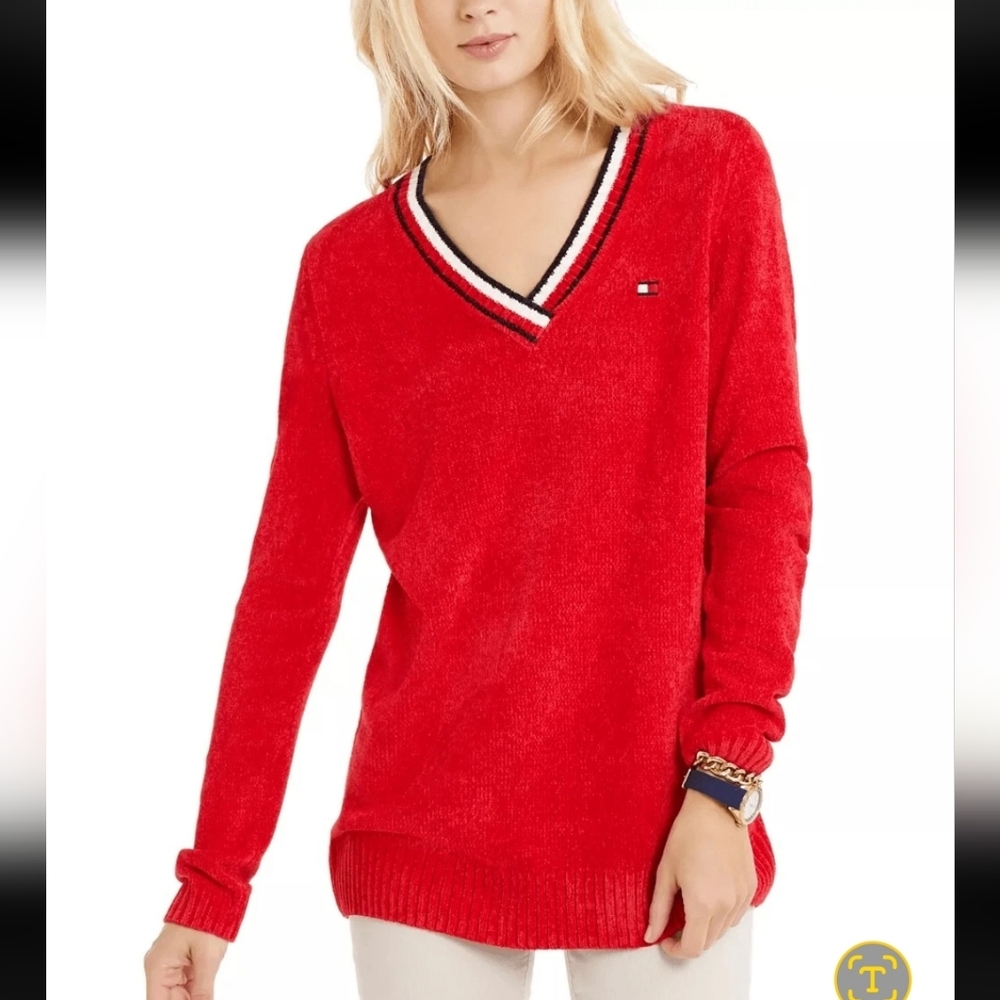 New Tommy Hilfiger Plus Size Tricolor Chenile Varsity V-Neck Sweater Size XXL
